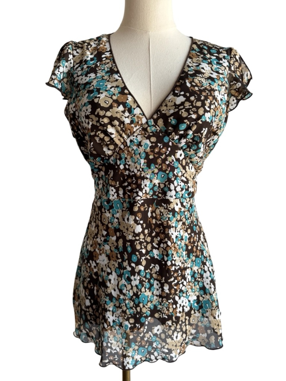 Vintage Sheer Floral Babydoll Top M Brown Teal Boho Y2K Flutter Sleeve Tie Back